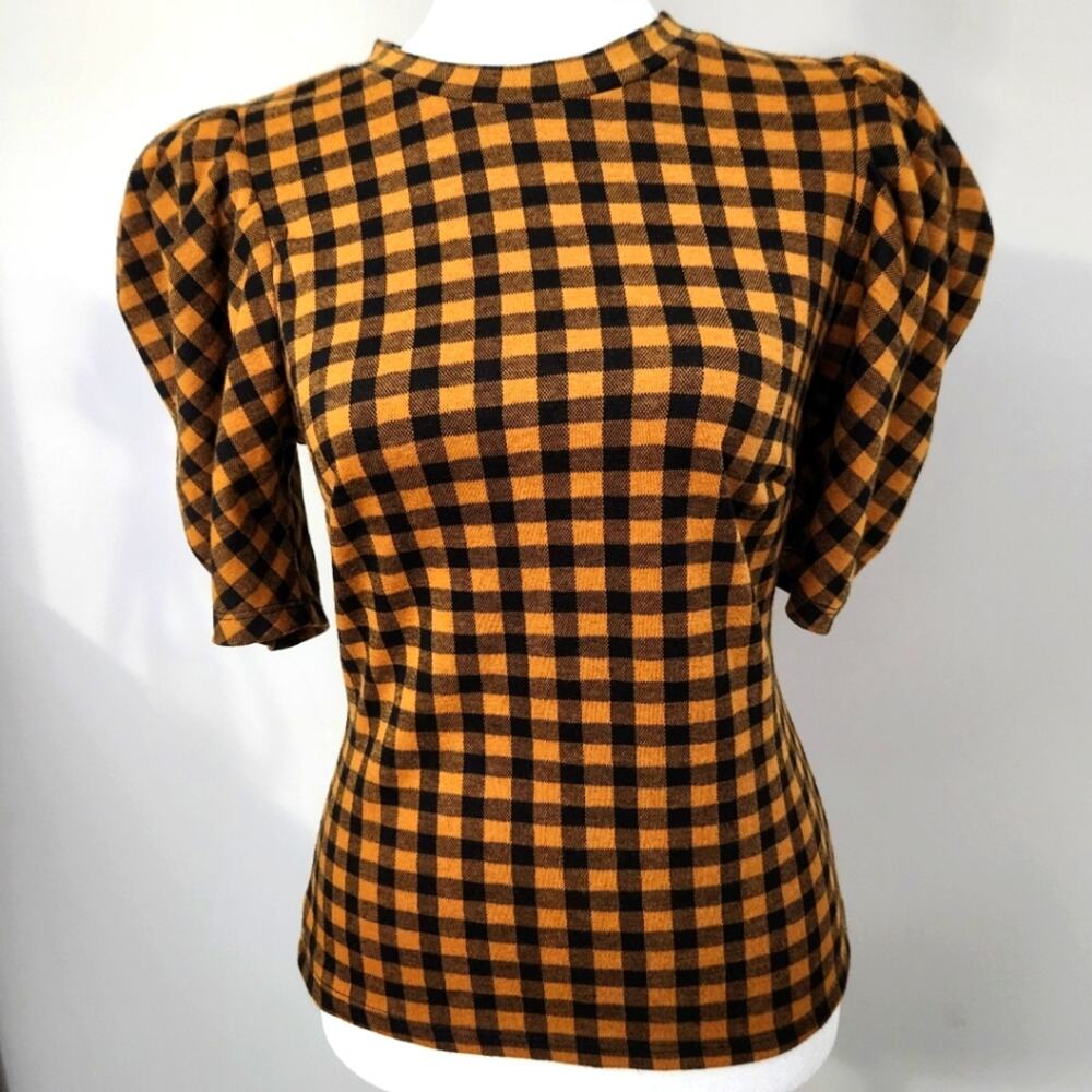 Vintage Style Blouse Haute Monde Black Gold Checkered Plaid Top Puffy Sleeves S